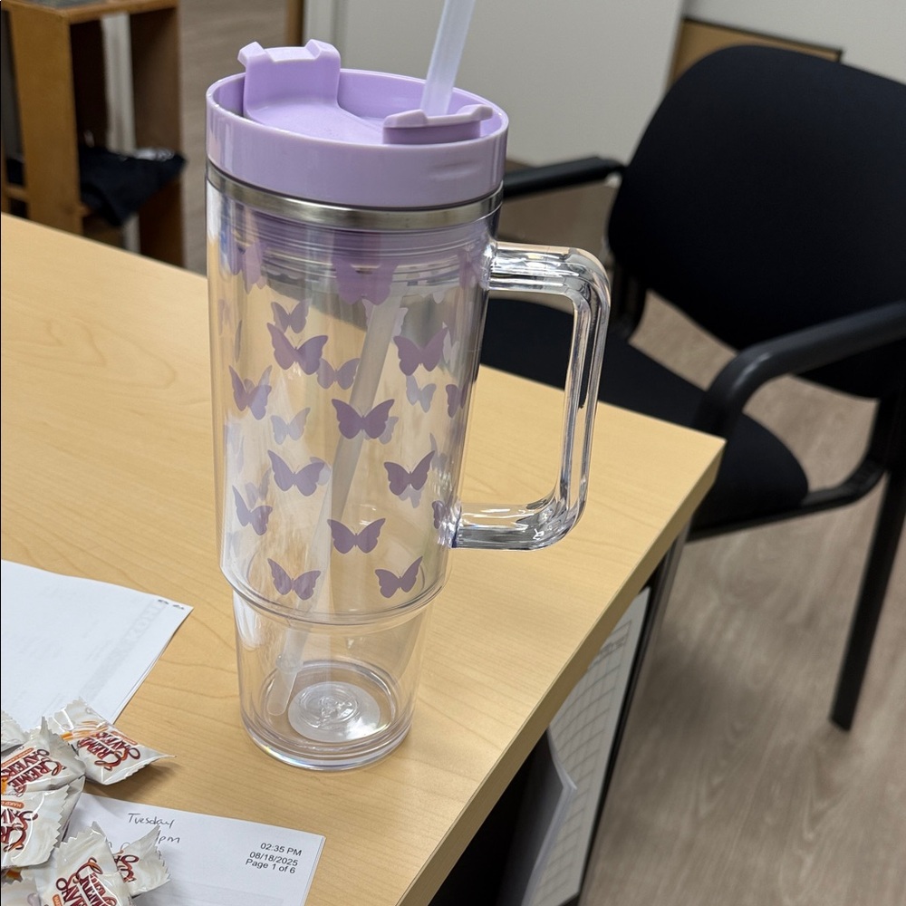 Purple Butterfly Tumbler with Straw